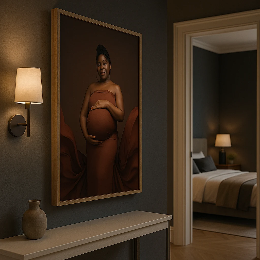 Large framed maternity portrait hanging in a hallway, showing how professional photography becomes artwork in the home.